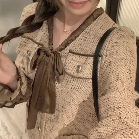 ツイード ワンピース リボン フリル ショート丈 Aライン ゆったりウエスト ミニワンピース 長袖 レトロ 韓国ファッション レディース 大人可愛い ガーリー DTC-745264114087
