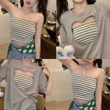 セット商品 ハートカット Tシャツ 半袖 チューブトップ ゆったり ルーズ 韓国ファッション レディース 大人可愛い ガーリー カジュアル DTC-677301507375