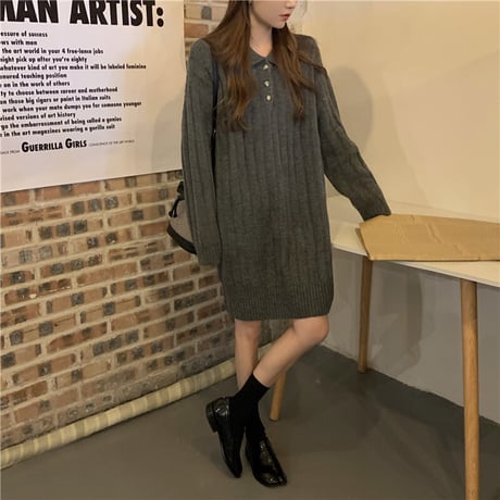 襟付き ニットワンピース ポロニット 厚手 ニット ワンピース ゆったり 韓国ファッション レディース カジュアル 大人可愛い ガーリー DTC-658628360608