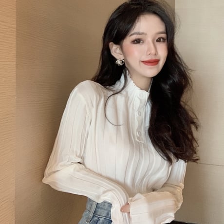 ニットセーター リブニット ハーフボタン ボタン ハーフハイネック スリムニット 長袖 レトロ 韓国ファッション レディース 大人可愛い ガーリー DTC-656815973964