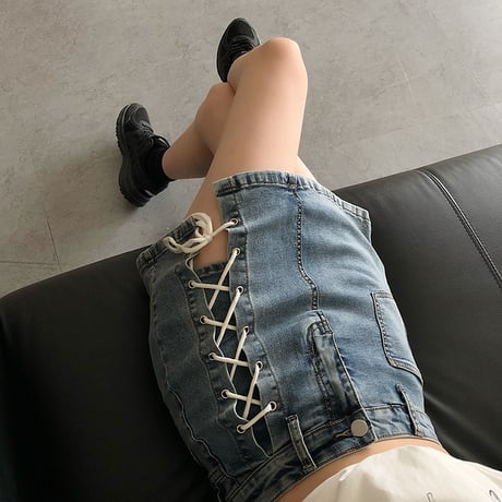 編込み デニムスカート ショートパンツ 韓国ファッション レディース スカパン インナーパンツ ハイウエスト ショート丈 Aライン ガーリー レトロ DTC-618967660120