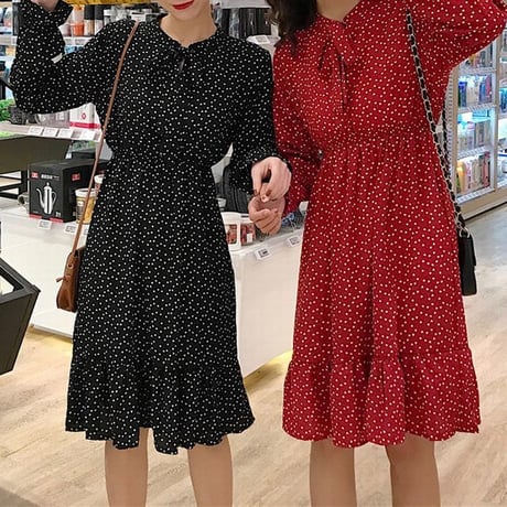 レディース 長袖ワンピース ミモレ丈 ドット柄 ワンピース フレア リボン 韓国ファッション オルチャン (DCT-587243195150)