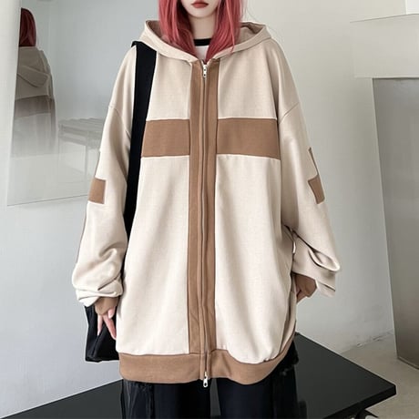 ユニセックス パーカー ジップアップ バイカラー クロスデザイン オーバーサイズ カジュアル 韓国ファッション メンズ レディース 韓国ストリートファッション DTC-681105858978