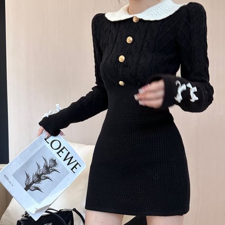 襟付き ニットワンピース リボン ケーブル編み スリム ハイウエスト ニット ミニワンピース 長袖 レトロ 韓国ファッション レディース 大人可愛い ガーリー DTC-691950885298