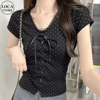 tシャツ ドット柄 リボン レース Vネック ショート丈 トップス スリムフィット ピチT タイトフィット 半袖 レトロ 大人可愛い ガーリー DTCA-897167822699
