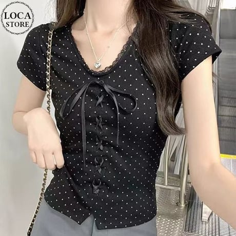 tシャツ ドット柄 リボン レース Vネック ショート丈 トップス スリムフィット ピチT タイトフィット 半袖 レトロ 大人可愛い ガーリー DTCA-897167822699
