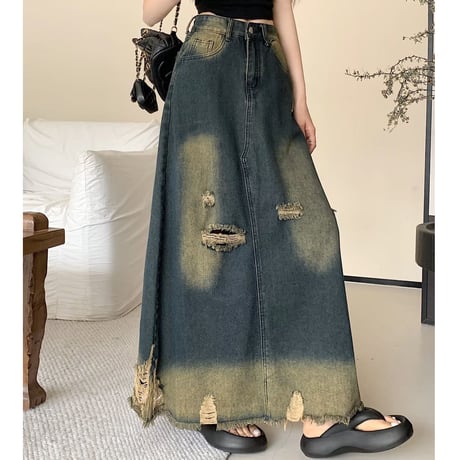 デニムスカート ヴィンテージ風 ダメージ加工 フリンジ 切りっぱな裾 Aライン ハイウエスト デニム ロングスカート レトロ 大人可愛い ガーリー カジュアル DTCA-738580370386