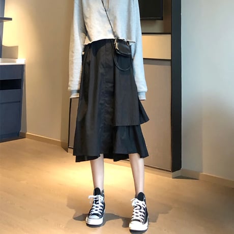 スカート 不規則 イレギュラー Aライン 韓国ファッション レディース 無地 すね丈 ハイウエスト ガーリー フェミニン レトロ DTC-603415311658