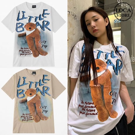 ユニセックス 半袖 Tシャツ メンズ レディース 英字 LITTLE BAER 脚長のクマちゃん バックプリント オーバーサイズ 大きいサイズ ルーズ ストリート TBN-610837851086