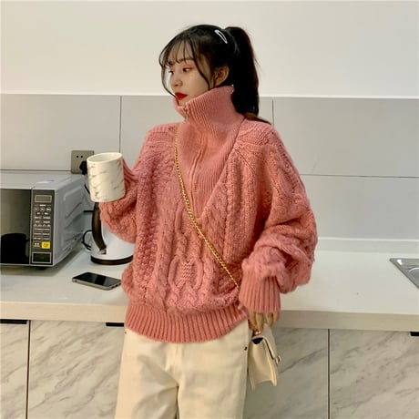 プルオーバー ハーフジップアップ ニット セーター ピンク 韓国 ファッション レディース ケーブル編み オフショルダー ハイネック (DTC-606566990698)