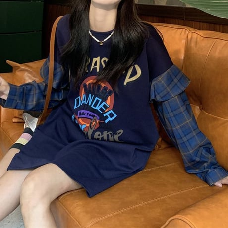 重ね着風 トップス フェイクレイヤード Tシャツ 切替 チェック柄 長袖 韓国ファッション レディース 大人可愛い ガーリー カジュアル ストリートファッション DTC-682533529922