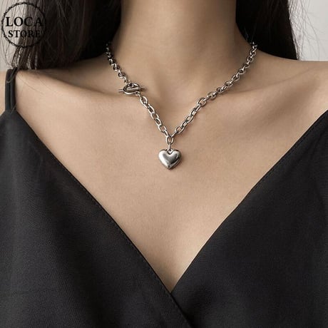 マンテル ハート ネックレス Tバー 太チェーン 金属アレルギー対応 レディース ペンダント アクセサリー チタンスチール シンプル DTC-623746272212