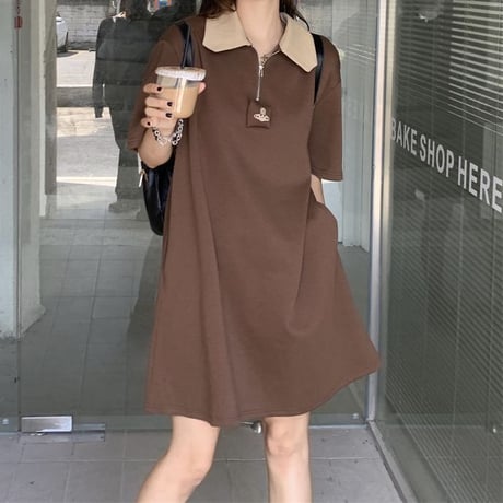 ポロワンピース ハーフジップ バックプリント 半袖 配色 POLOカラー ミニワンピース ハイウエスト レトロ 韓国ファッション レディース ガーリー カジュアル DTC-679716051631