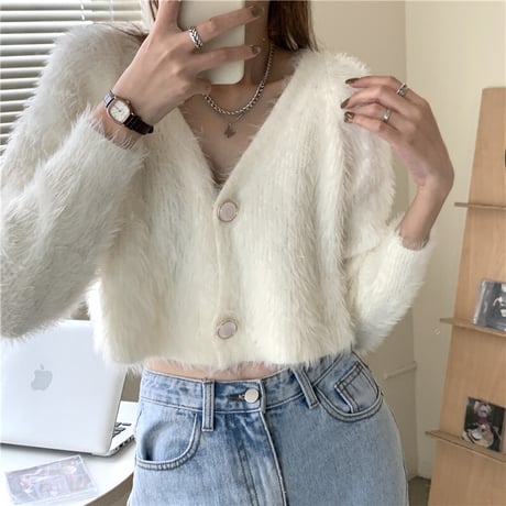 クロップド丈 ニットカーディガン シングルブレスト シャギー風 Vネック 薄手 長袖 ショート丈 レトロ 韓国ファッション レディース 大人可愛い ガーリー DTC-628749209744