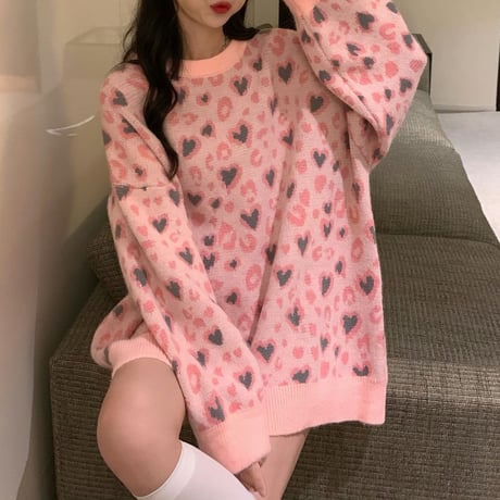 ニットセーター ヒョウ柄 レオパード柄 ハート クルーネック オーバーサイズ ニット 暖かい ゆったり 韓国ファッション レディース  大人可愛い ガーリー DTC-655499467494