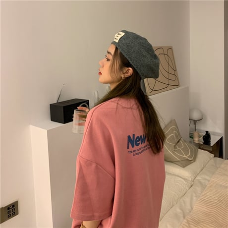 tシャツ ワンポイント バックプリント オーバーサイズ 半袖 ドロップショルダー クルーネック シンプル ルーズ レトロ 大人可愛い ガーリー カジュアル DTCA-645393552994