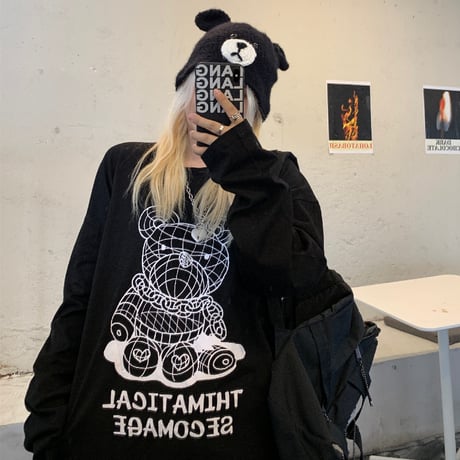 ユニセックス Tシャツ 長袖 ラインベアープリント クマちゃん ラウンドネック オーバーサイズ トップス 大きめ カジュアル ストリートファッション DTC-653486439224