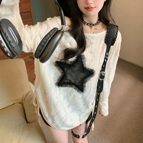 ロンT ダメージ加工 スター 星 ドローストリング ドロスト ダメージトップス プルオーバー tシャツ オーバーサイズ ルーズ 長袖 レトロ 大人可愛い ガーリー DTCA-837831882209