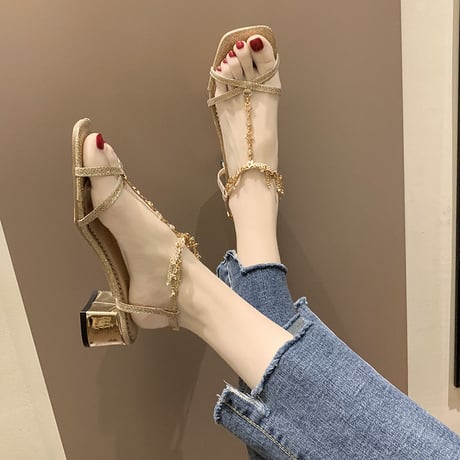 サンダル ラインストーン クロスストラップ 5cm チャンキーヒール スクエアトゥ 韓国ファッション レディース アンクルストラップ パンプス 597321753157