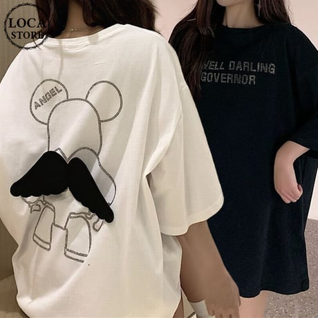 Tシャツ 半袖 スパンコール 羽 エンジェルくまちゃん シンプル ガーリー フェミニン カジュアル 韓国ファッション レディース 韓国ストリートファッション DTC-639357224388