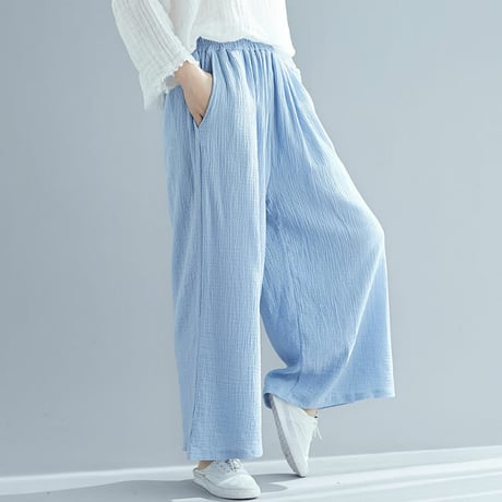 レディース ワイドレッグパンツ パステルカラー ゆったりウエストゴム 両サイドポケット 韓国ファッション (DCT-590829367634)