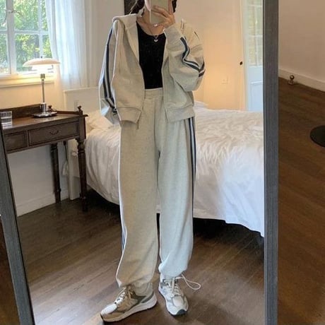 セットアップ 上下セット スウェット サイドライン ジップアップ パーカー パンツ ジャージ ルーズ レトロ 大人可愛い ガーリー カジュアル スポーツミックス DTCA-687375312327