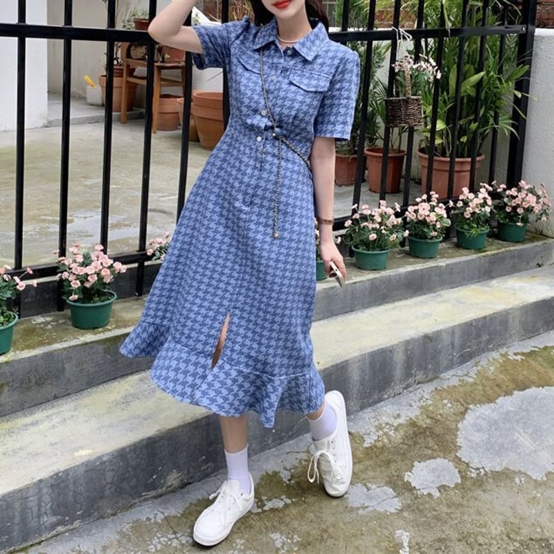 千鳥柄 デニムワンピース フィッシュテール チェック柄 ハイウエスト