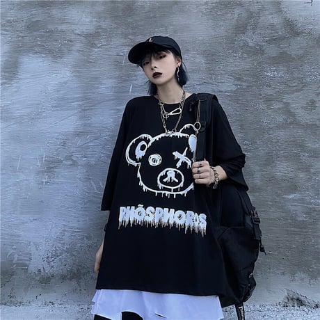 ユニセックス Tシャツ 半袖 メンズ レディース ラウンドネック クマちゃん ベアー プリント オーバーサイズ 大きいサイズ ルーズ ストリート TBN-620728922722