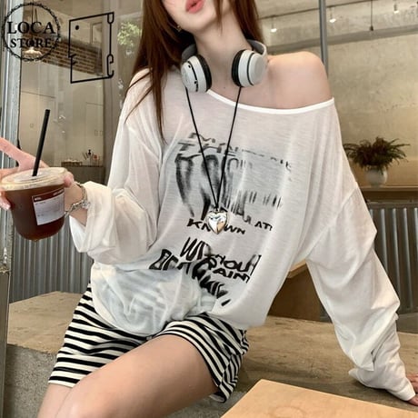 シアー Tシャツ 薄手 オフショルダー ルーズ 長袖 レトロ 韓国ファッション レディース 大人可愛い ガーリー DTC-722568696207
