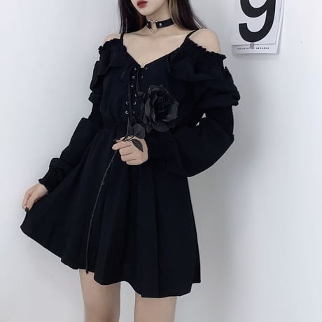ワンピース レースアップ 編み上げ オフショルダー Vネック ハイウエスト Aライン 長袖 レトロ 韓国ファッション レディース 大人可愛い ガーリー ゴシック DTC-651777325436