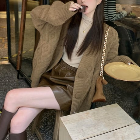 ケーブル編み カーディガン オーバーサイズ ニット Vネック 長袖 ルーズ ゆったり ルーズ レトロ 韓国ファッション レディース 大人可愛い ガーリー カジュアル DTC-736110155925