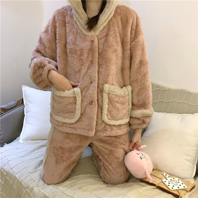 フリースフード付きパジャマセット ベージュ系 Amazon.co.jp: 女性用フード付きパジャマセット,厚手のゆったり