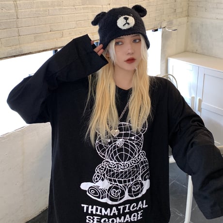 ユニセックス Tシャツ 長袖 ラインベアープリント クマちゃん ラウンドネック オーバーサイズ トップス 大きめ カジュアル ストリートファッション DTC-653486439224