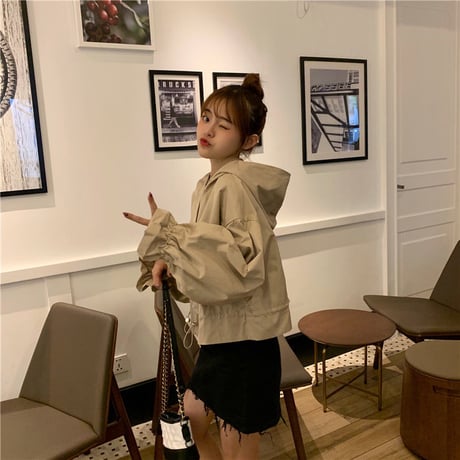 レディース ショートジャケット マウンテンパーカー ブルゾン パーカー ベルスリーブ 春 秋 アウター 薄手 韓国 韓国ファッション (DTC-602065336736)