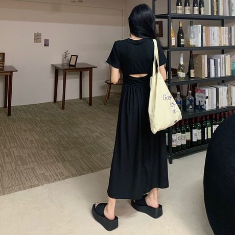 バックオープン ワンピース Vネック 半袖 背中開き ロング丈 Aライン ハイウエスト ウエスト開き レトロ 韓国ファッション レディース 大人可愛い ガーリー DTC-717965429908