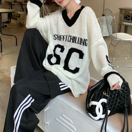 ニット トップス Vネック オーバーサイズ ドロップショルダー ルーズ 長袖 レトロ 韓国ファッション レディース 大人可愛い ガーリー スポーツミックス DTC-824100434464