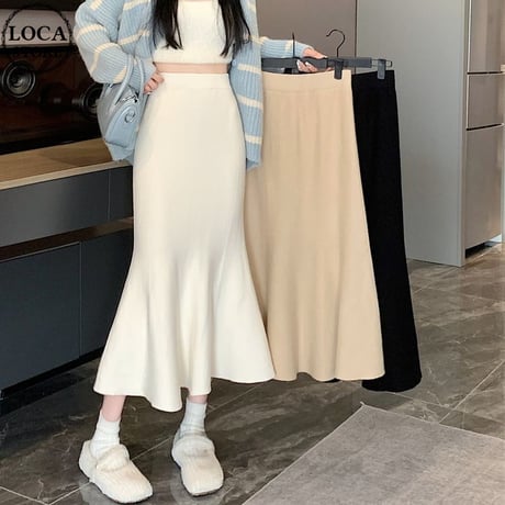 マーメイドスカート フィッシュテールスカート ロング丈 タイト ハイウエスト フレア ウエストゴム レトロ 韓国ファッション レディース 大人可愛い ガーリー DTC-693550950218
