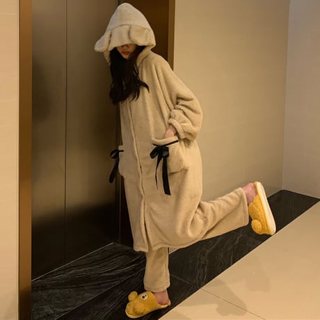 ルームウェア フード付き パジャマ セットアップ ナイトガウン + パンツ フリース ベルベット 長袖 上下セット 長袖 韓国ファッション レディース ガーリー 636487339930