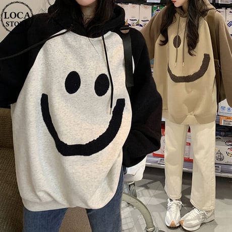 パーカー 裏起毛 プルオーバー オーバーサイズ バイカラー スマイリー ニコちゃん 厚手 ルーズ 韓国ファッション レディース 大人可愛い ガーリー カジュアル DTC-688346725495