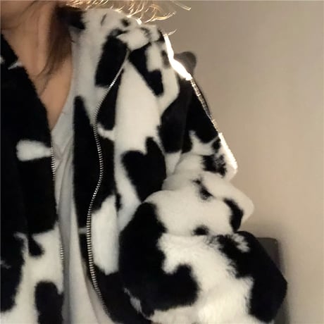 牛柄 フード付き ボアジャケット アウター ジップアップ ルーズ ボアパーカー もこもこ ゆったり ボア レトロ 韓国ファッション レディース 大人可愛い ガーリー DTC-656838465848