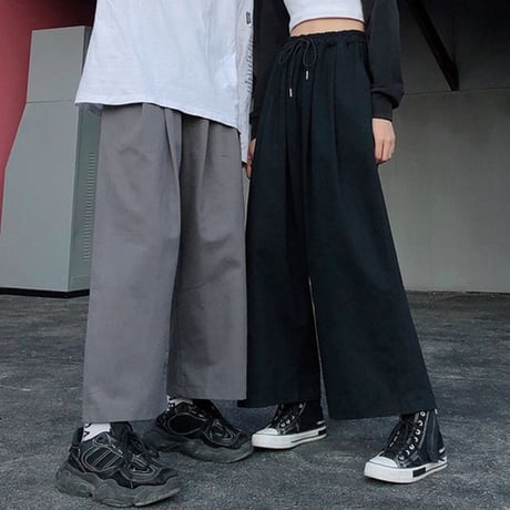 ユニセックス ワイドパンツ S M L XL ワイドレッグパンツ ウエスト紐 9分丈 ハイウエスト ゆったり 韓国ファッション メンズ レディース カジュアル DTC-638334168423