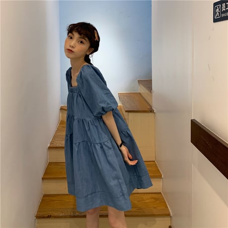 ワンピース スクエアネック バブルスリーブ 韓国ファッション レディース パフ袖 ハイウエスト Aライン ロング丈 シンプル ガーリー DTC-617176322073