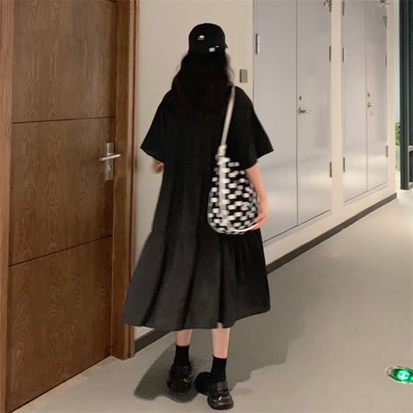 レディース 襟付きボウタイ ワンピース 無地 ミモレ丈 フレア ギャザー シャツワンピ Aライン フェミニン 韓国ファッション (DCT-598114437759)