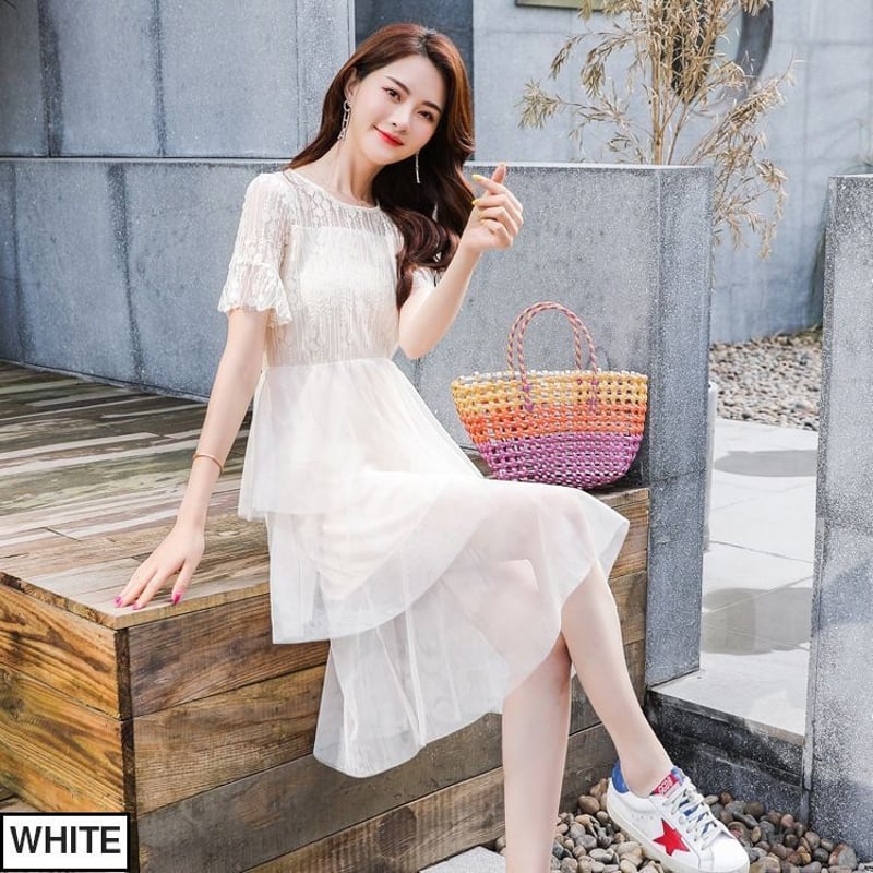レディース レース3段フリルワンピース ハイウエスト ランタンスリーブ