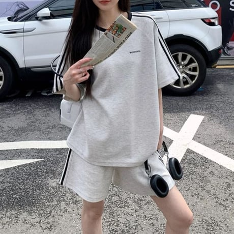 セットアップ 2点セット サイドライン tシャツ ショートパンツ ロゴ オーバーサイズ クルーネック 無地 ルームウェア ルーズ レトロ カジュアル DTCA-820351715781