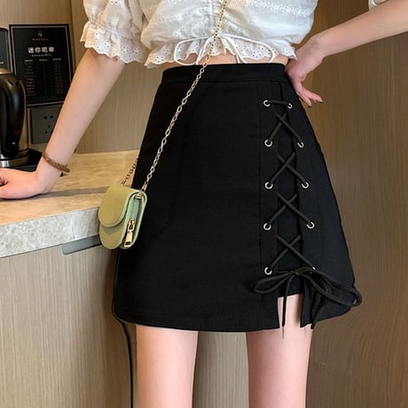 スカート サイドレースアップ 編み上げ ハイウエスト 韓国ファッション レディース 台形スカート Aラインスカート 大人可愛い ガーリー DTC-646772375090