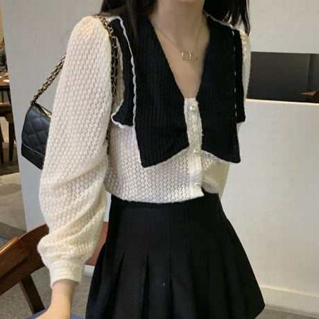 レースブラウス 大きい襟 配色 長袖 ブラウス レース ルーズ レトロ 韓国ファッション レディース 大人可愛い ガーリー フェミニン DTC-664823114520