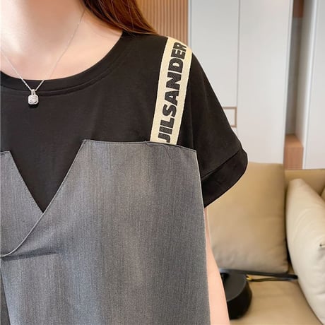 フェイクレイヤード ワンピース Tシャツ ドッキングワンピース ルーズ ゆったり プルオーバー 半袖 レトロ 韓国ファッション レディース 大人可愛い ガーリー DTC-703970746662