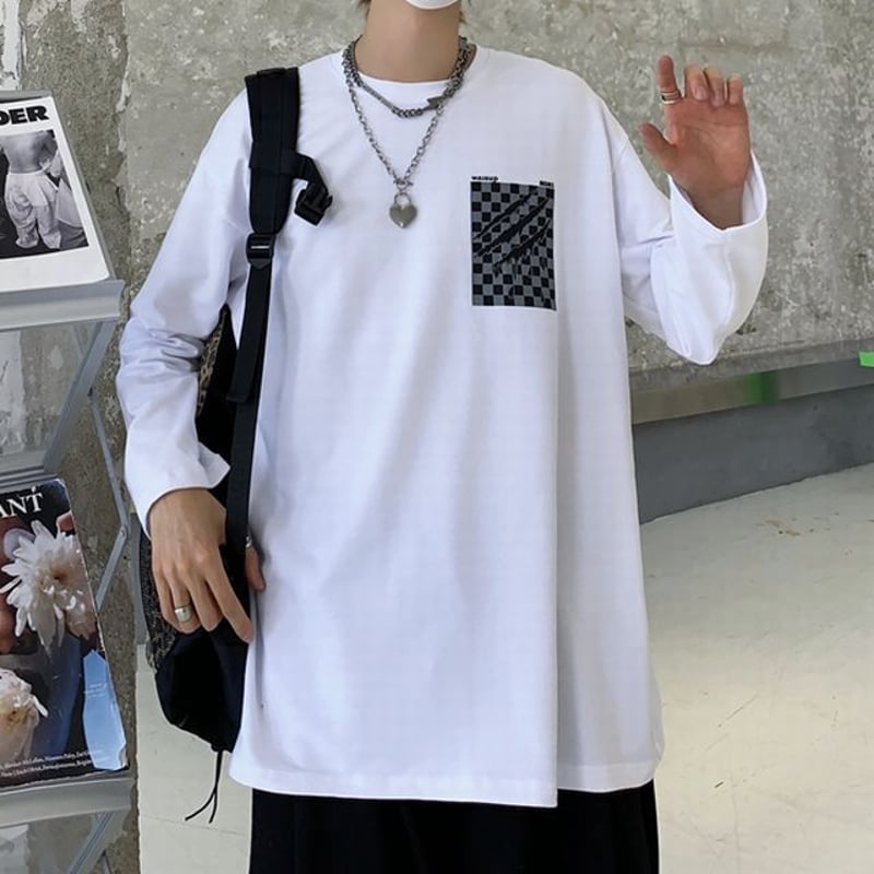 ユニセックス Tシャツ 長袖 モノトーンフラッグ柄 爪痕 オーバー