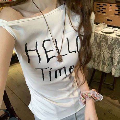 Tシャツ ワンショルダー レタープリント ロゴプリント トップス カットソー 半袖 レトロ 大人可愛い ガーリー DTCA-924718609909